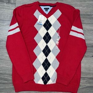 Tommy Hilfiger Red and Gray Argyle V-Neck Sweater